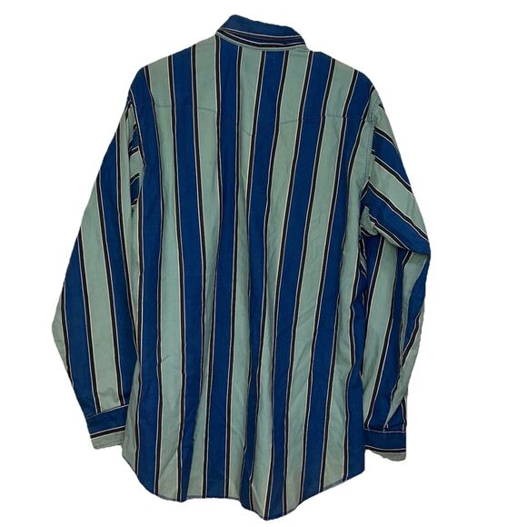Wrangler Western Shirt Size 16.5 x 35 Blue Striped Aztec Pearl Snap Cowboy Cut - Picture 8 of 13